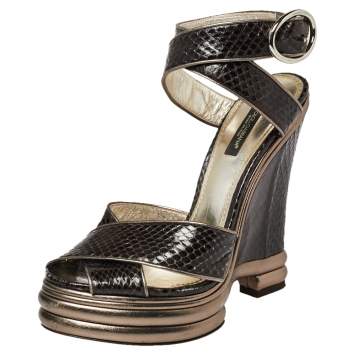Pre Owned Dolce & Gabbana Black Python Leather  Cross Strap Platform Sandals Size 38