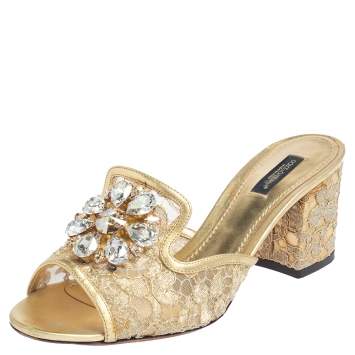 Pre Owned Dolce & Gabbana Metallic Gold Lace And Leather Crystal Embellished Block Heel Slide Sandals Size 39