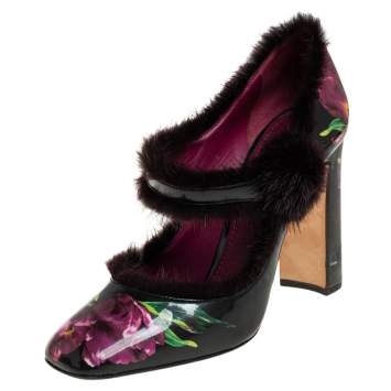 Pre Owned Dolce & Gabbana Burgundy/Black Floral Print Patent Leather and Fur Trim Mary Jane Pumps Size 39.5