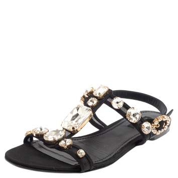 مملوكة مسبقًا Dolce & Gabbana Black Mesh and Fabric Crystal Embellished Thong Flats Size 39.5 