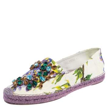 مملوكة مسبقًا Dolce & Gabbana White Floral Print Canvas Crystal Embellished Espadrille Flats Size 41
