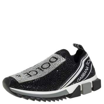 Pre Owned Dolce & Gabbana Black/Silver Fabric Sorrento Crystal-Embellished Sneakers Size 37