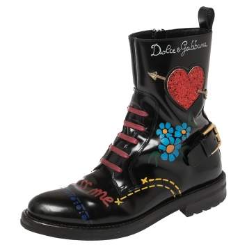 Pre Owned Dolce & Gabbana Black/Red Leather And Glitter Heart Kiss Me Ankle Boots Size 36