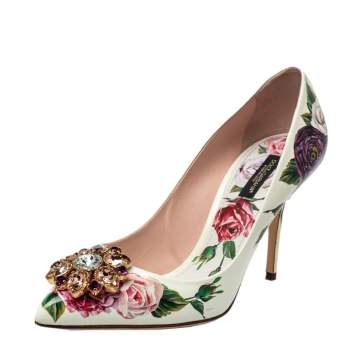 Pre Owned Dolce & Gabbana White Floral Print Leather Crystal Embellished Pumps Size 38