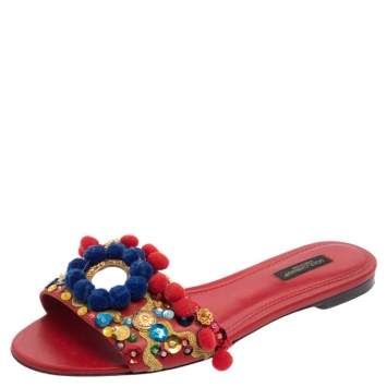 Pre Owned  Dolce & Gabbana Red Leather Pom Pom And Mirror Embellished Flat Sandals Size 38