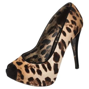 Pre Owned Dolce & Gabbana Leopard Print Pony Hair And Suede Peep Toe Platform Pumps Size 37.5