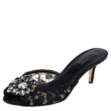 Pre Owned  Dolce & Gabbana Black Lace Keria Crystal Embellished Slide Sandals Size 40