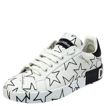 Pre Owned Dolce & Gabbana White/Black Leather Portofino Low Top Sneakers Size 38.5
