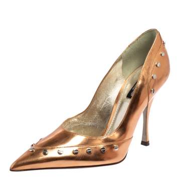 Pre Owned Dolce & Gabbana Metallic Bronze Leather Studded Pointed Toe Pumps Size 38.5