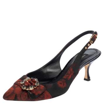 Pre Owned Dolce & Gabbana Black/Red Floral Print Fabric Crystal Embellished Slingback Sandals Size 38.5