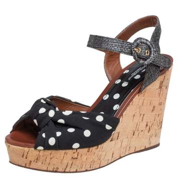 Pre Owned Dolce & Gabbana Black Polka Dot Fabric and Raffia Knot Cork Wedge Sandals Size 38