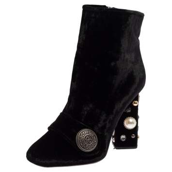 Pre Owned Dolce & Gabbana Black Velvet Embellished Ankle Length Boots Size 39