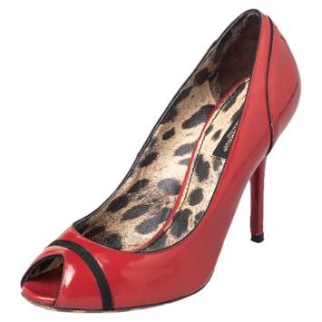 Pre Owned Dolce & Gabbana Red Leather Peep Toe Pumps Size 37.5