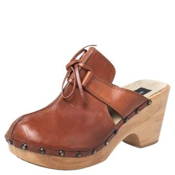 Pre Owned Dolce & Gabbana Tan Leather Bow Wooden Clogs Size 39