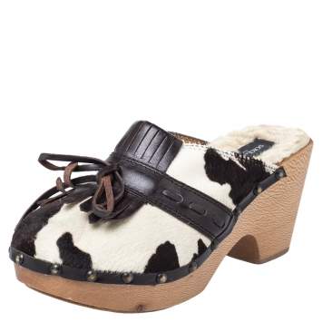 Pre Owned Dolce & Gabbana Brown Calf Hair And Leather Bow Fringe Detail Wooden Clogs Size 39  