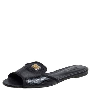 Pre Owned Dolce & Gabbana Black Lizard Embossed Leather Sofia Flat Slides Size 37.5