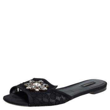 Pre Owned Dolce & Gabbana Black Lace Sofia Crystal Embellished Flats Size 41