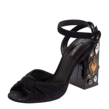Pre Owned Dolce & Gabbana Black Canvas Crystal Embellished Block Heel Sandals Size 37