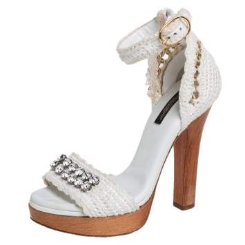 Pre Owned Dolce & Gabbana White Knitted Fabric and Straw Embellished Wooden Platform Sandals Size 37.5