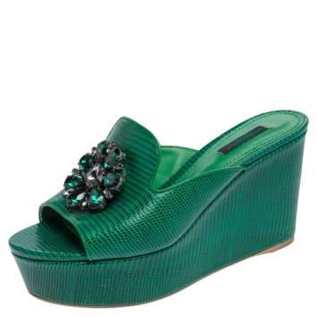 Pre Owned Dolce & Gabbana Green Lizard Embossed Leather Wedge Sandals Size 38