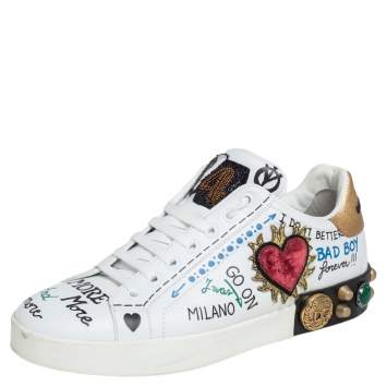 Pre Owned Dolce & Gabbana White Leather Graffiti Printed Portofino Low Top Sneakers Size 37.5