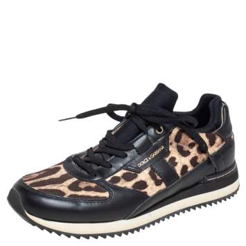 Pre Owned Dolce & Gabbana Black/Brown Leopard Print Canvas and Leather Low Top Sneakers Size 37