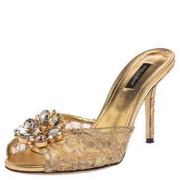 Pre Owned Dolce & Gabbana Gold Lace And Satin Sequin Keira Sandals Size 39