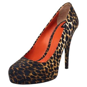 Pre Owned Dolce & Gabbana Black/Brown Leopard Print Fabric Platform Pumps Size 37