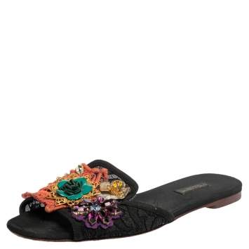 Pre Owned Dolce & Gabbana Black Lace And Canvas Crystal Flower Embellished Flat Slides Size 38