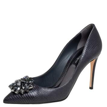 Pre Owned Dolce & Gabbana Anthracite Lizard Embossed Leather Bellucci Crystal Embellished Pumps Size 38