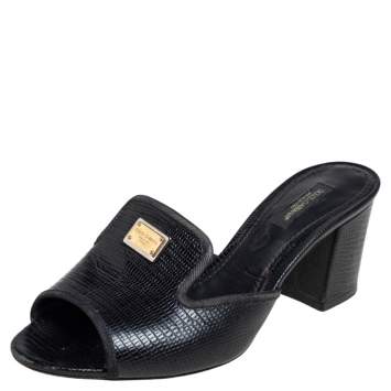 Pre Owned Dolce & Gabbana Black Lizard Embossed Leather Slide Sandals Size 37