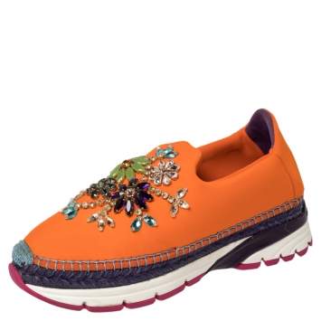 Pre Owned Dolce & Gabbana Orange Neoprene Barcelona Embellished Slip On Sneakers Size 38