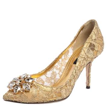 Pre Owned Dolce & Gabbana Gold Lace Bellucci Crystal Embellished Pumps Size 37.5