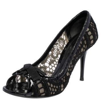 Pre Owned Dolce & Gabbana Black Fabric, Mesh  and Patent Leather Trim Open Toe Pumps Size 40