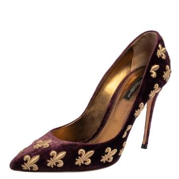 Pre Owned Dolce & Gabbana Purple Mauve Embroidered Velvet Lily Pointed Toe Pumps Size 40
