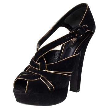 Pre Owned Dolce & Gabbana Black/Gold Suede Strappy Platform Sandals Size 36.5