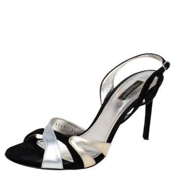 Pre Owned Dolce & Gabbana Silver/Black Leather and Suede Slingback  Sandals Size 39.5