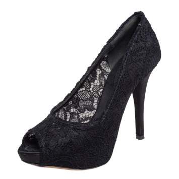 Pre Owned Dolce & Gabbana Black Lace Peep Toe Platform Pumps Size 38.5