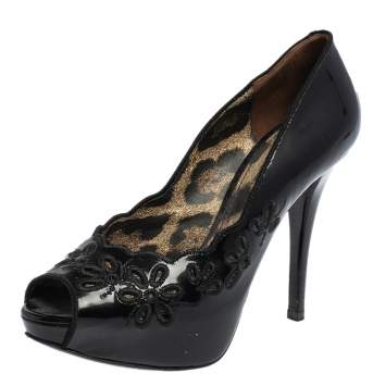 Pre Owned Dolce & Gabbana Black Patent Leather Floral Cut Peep Toe Platform Pumps Size 37