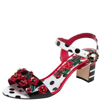 Pre Owned Dolce & Gabbana Multicolor Polka Dot Patent Leather Floral Embellished Ankle Strap Open Toe Sandals Size 41