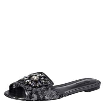 Pre Owned Dolce & Gabbana Metallic Grey Lace Sofia Flats Size 41
