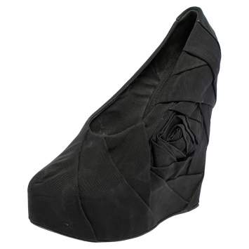 Pre Owned Dolce & Gabbana Black Pleated Fabric Floral Detail Wedge Platform Pumps Size 39
