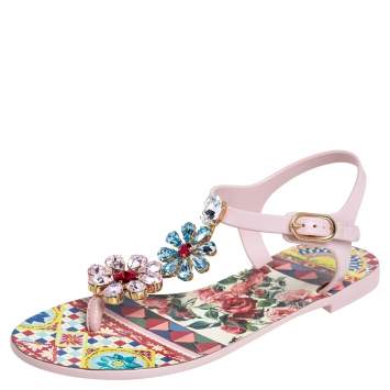 Pre Owned Dolce & Gabbana Multicolor Carretto Con Roses Print Jelly Crystal Embellished Ankle Strap Flat Sandals Size 37