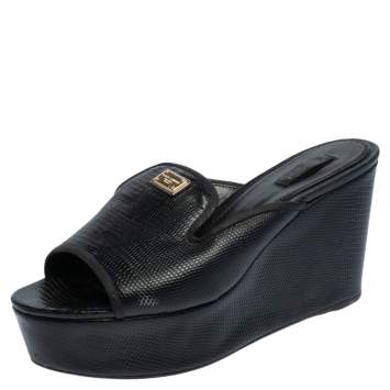 Pre Owned Dolce & Gabbana Black Lizard Embossed Leather Wedge Sandals Size 40