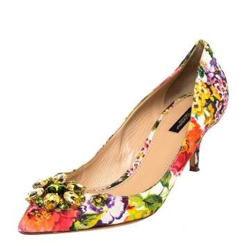 Pre Owned Dolce & Gabbana Multicolor Floral Print Brocade Fabric Crystal Embellished Pumps Size 41
