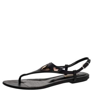 Pre Owned Dolce & Gabbana Black Leather T Strap Flat Sandals Size 38