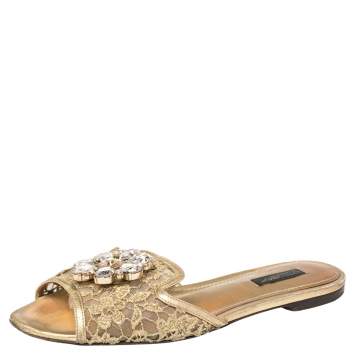 Pre Owned Dolce & Gabbana Gold Lace Sofia Crystal Embellished Slide Flat Sandals Size 38