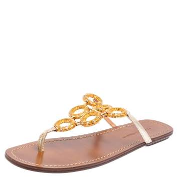 Pre Owned  Dolce & Gabbana Gold Leather Crystal Embellished Thong Sandals Size 36.5