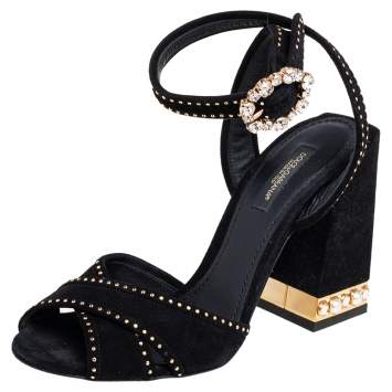 Pre Owned Dolce & Gabbana Black Suede Crystal Embellished Block Heel Sandals Size 36