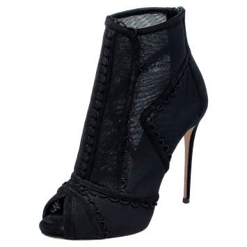 Pre Owned Dolce & Gabbana Black Mesh and Suede Trim Peep Toe Booties Size 38